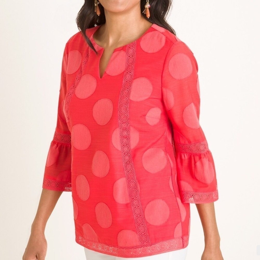 Chicos Top Women’s Sz 00 Petite Red with Pink Dots Split Neck Bell Sleeves lace